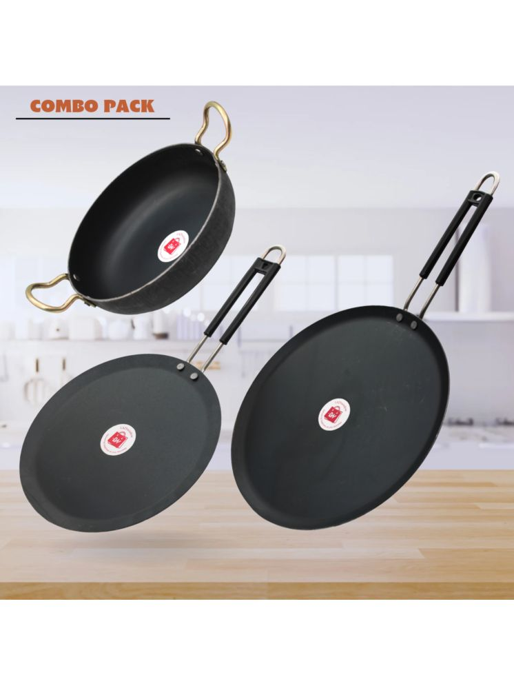     			LAZYWINDOW Tawa & Kadhai Black Iron No Coating Cookware Sets ( Set of 3 )