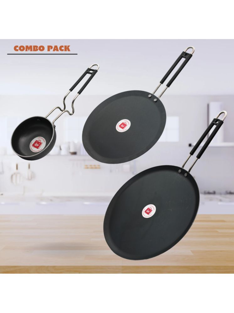     			LAZYWINDOW Tawa & Tadka Pan Black Iron No Coating Cookware Sets ( Set of 3 )