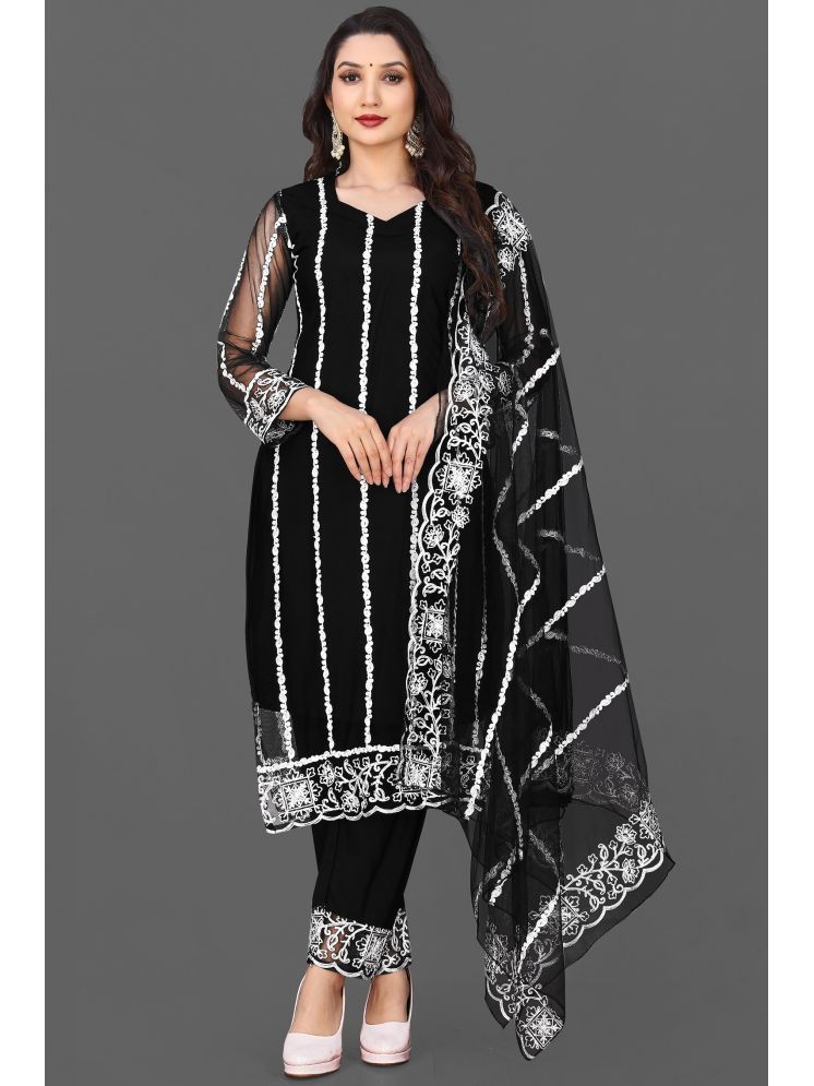     			LEKHIT Net Striped Kurti With Pants Women's Stitched Salwar Suit - Black ( Pack of 1 )