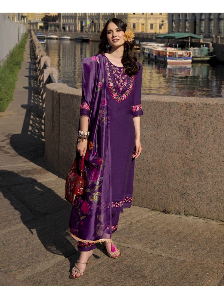     			MOJILAA Viscose Embroidered Kurti With Pants Women's Stitched Salwar Suit - Purple ( Pack of 1 )