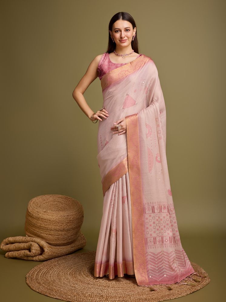     			Rekha Maniyar Silk Blend Printed Saree With Blouse Piece - Pink ( Pack of 1 )