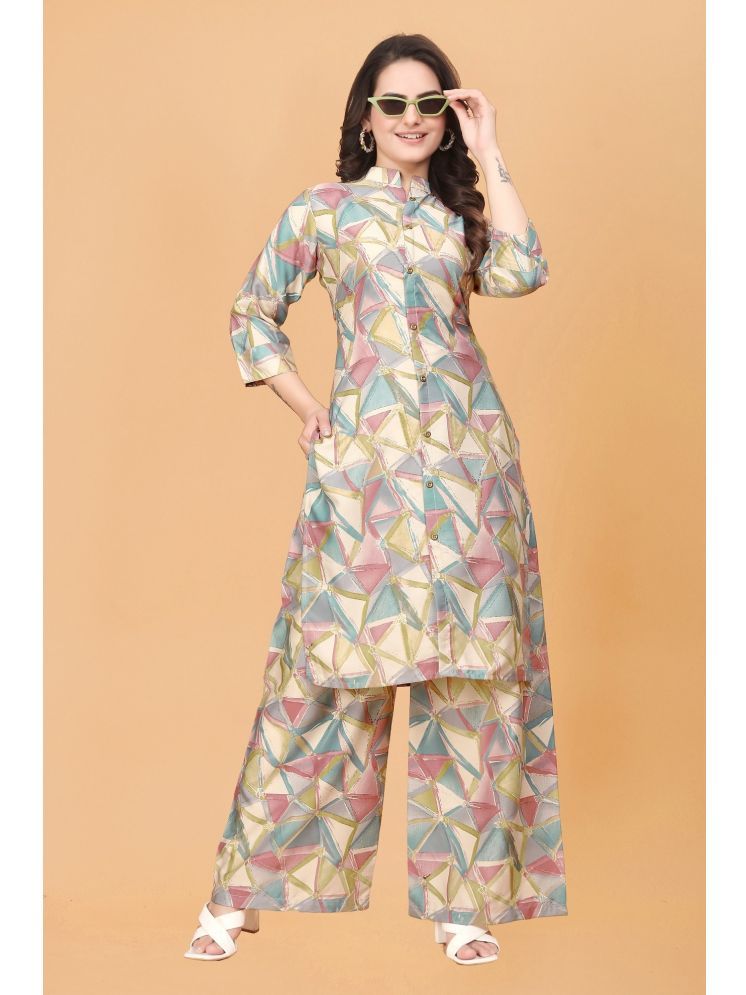     			TechieDesigner Rayon Printed Kurti With Palazzo Women's Stitched Salwar Suit - Multicolor ( Pack of 1 )