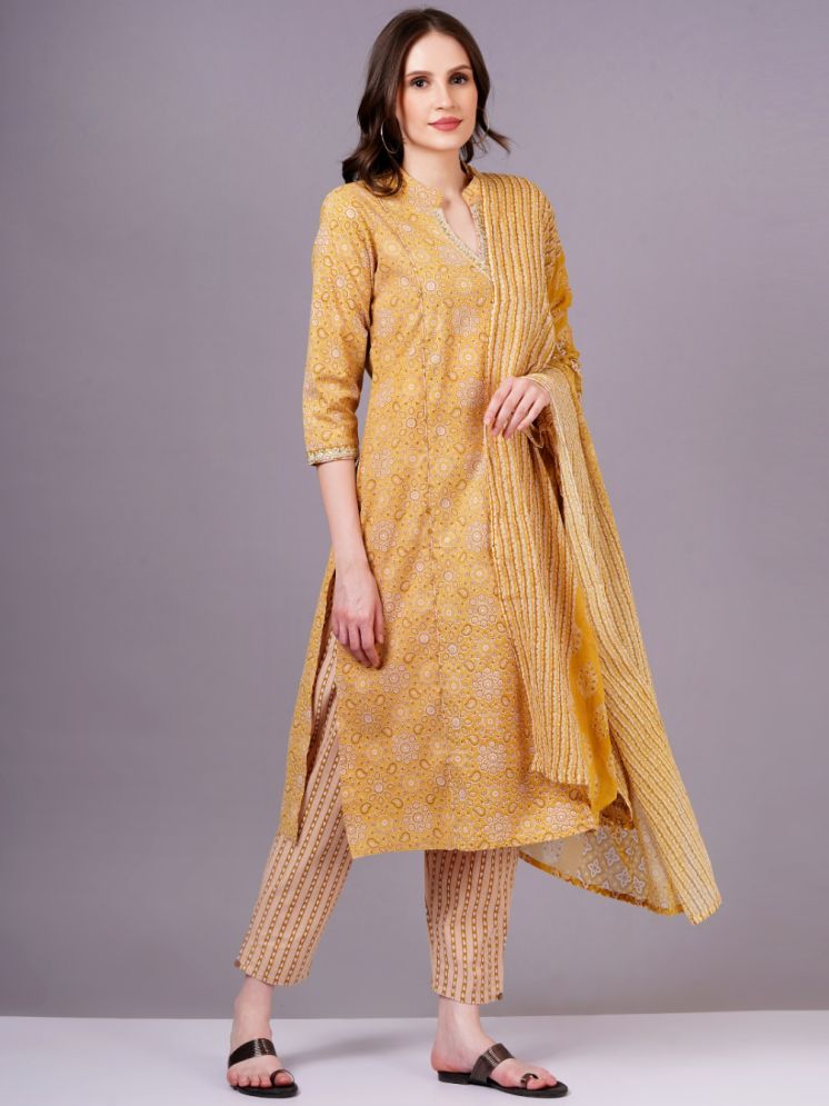     			JC4U Cotton Printed Kurti With Pants Women's Stitched Salwar Suit - Yellow ( Pack of 1 )