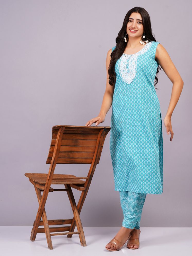     			JC4U Cotton Printed Kurti With Pants Women's Stitched Salwar Suit - Blue ( Pack of 1 )