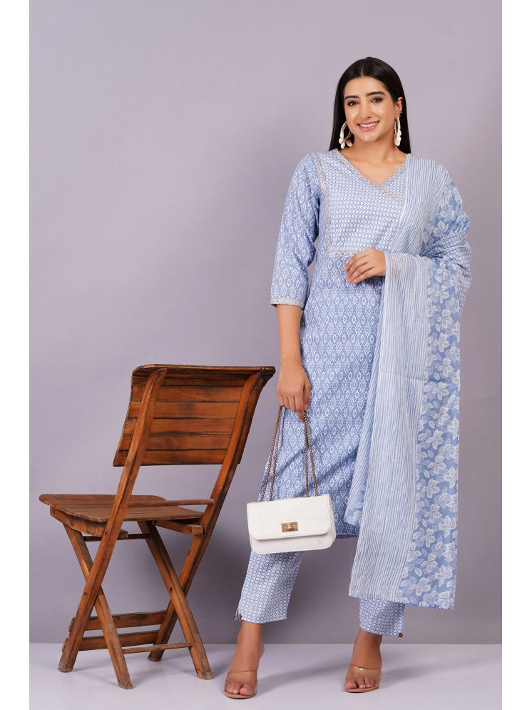     			Jyoti Cotton Printed Kurti With Pants Women's Stitched Salwar Suit - Blue ( Pack of 1 )