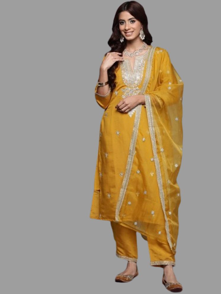     			LEKHIT Cotton Silk Embroidered Kurti With Pants Women's Stitched Salwar Suit - Mustard ( Pack of 1 )