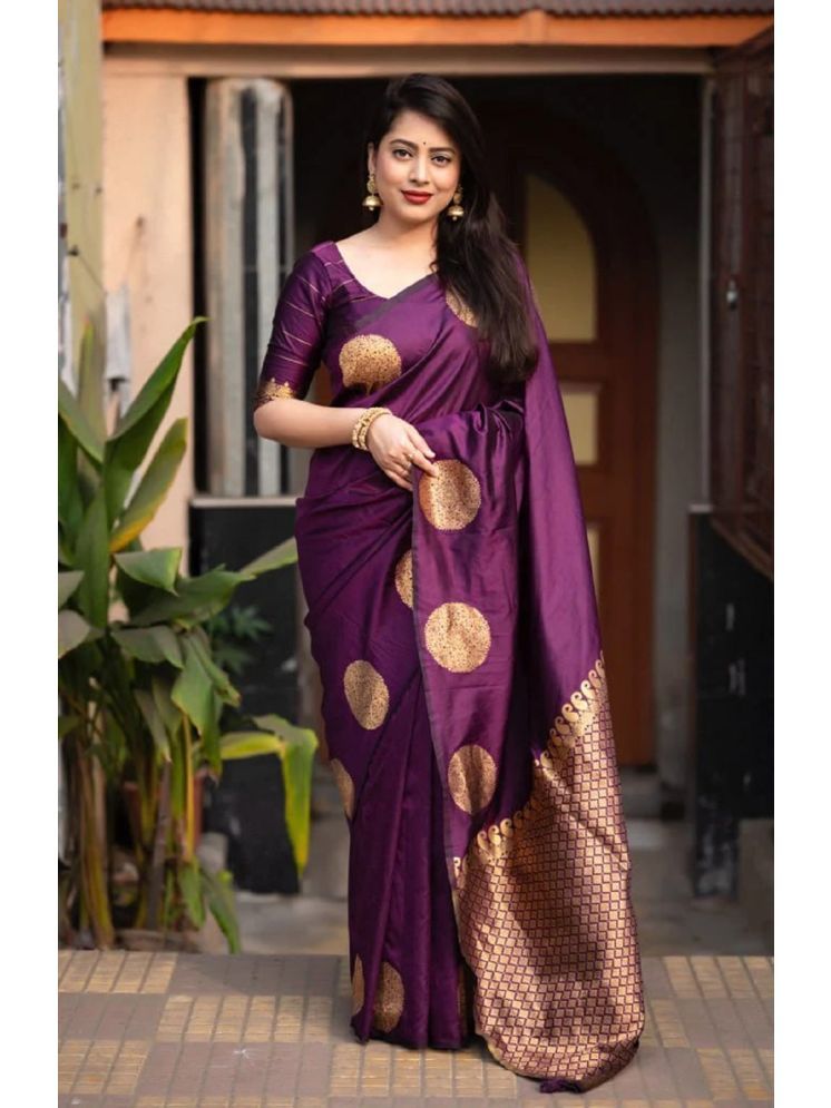     			Lady Shopi Banarasi Silk Embellished Saree With Blouse Piece - Purple ( Pack of 1 )