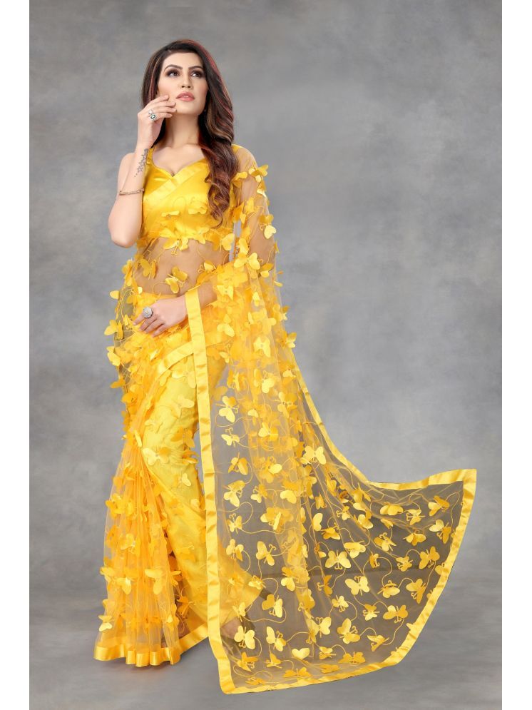     			Lady Shopi Net Embellished Saree With Blouse Piece - Yellow ( Pack of 1 )