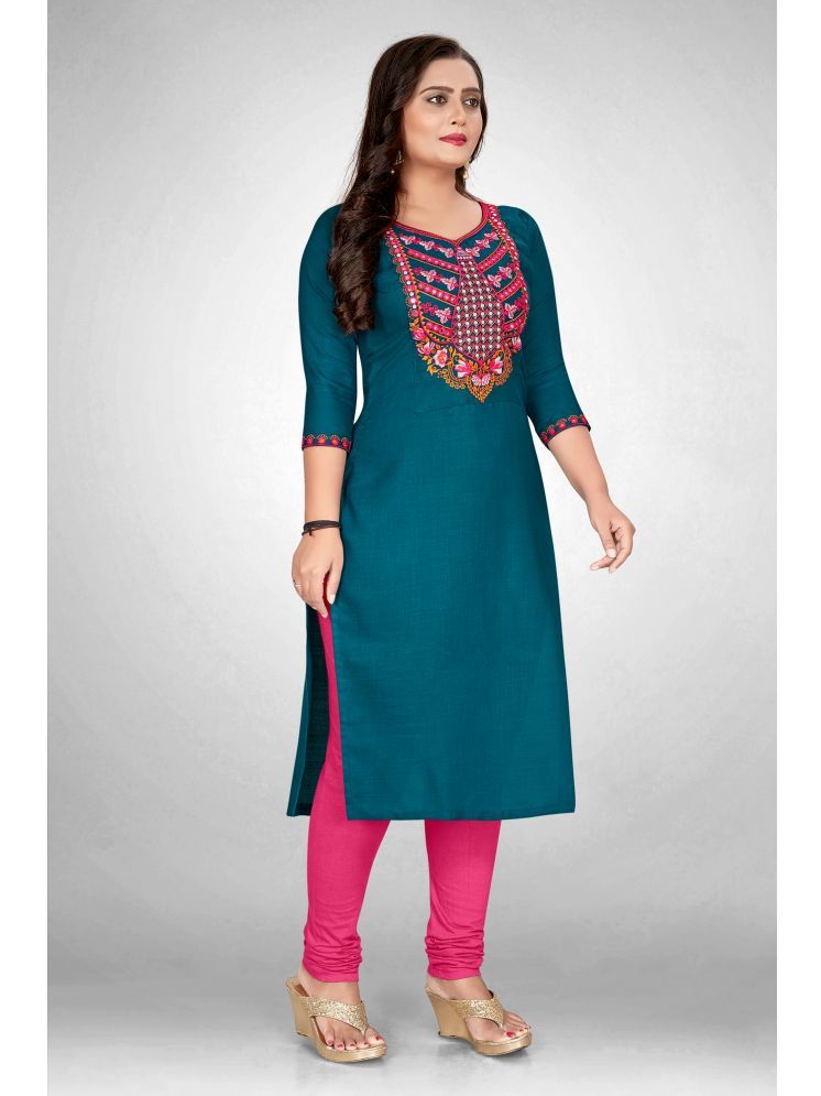     			SHIPYA Cotton Blend Embroidered Straight Women's Kurti - Teal ( Pack of 1 )