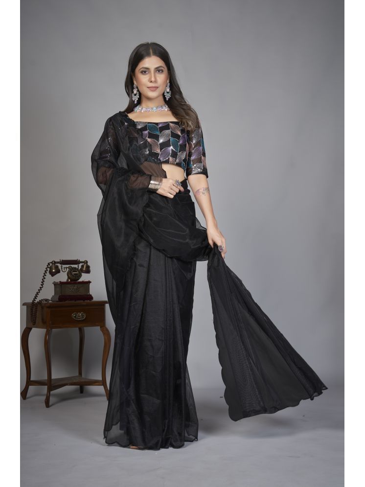     			Lady Shopi Organza Solid Saree With Blouse Piece - Black ( Pack of 1 )