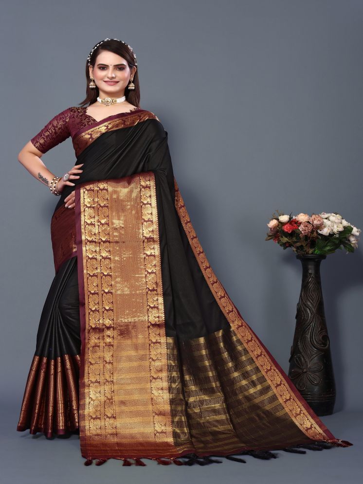     			Lady Shopi Cotton Silk Embellished Saree With Blouse Piece - Black ( Pack of 1 )