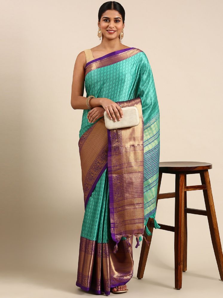     			Lady Shopi Cotton Silk Embellished Saree With Blouse Piece - Teal ( Pack of 1 )