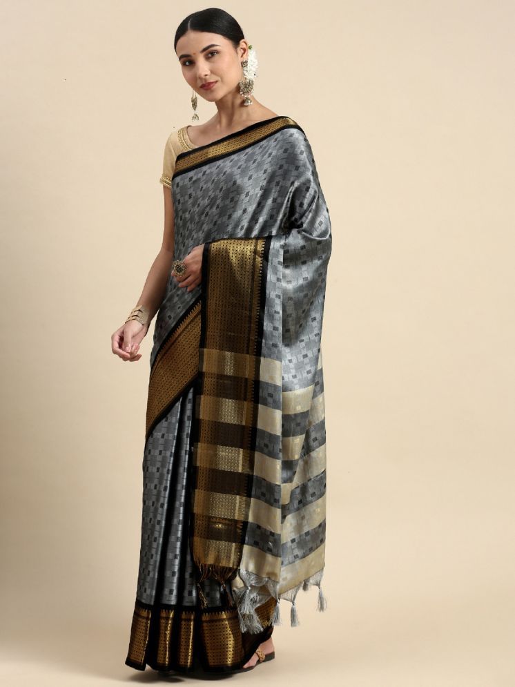     			Lady Shopi Jacquard Embellished Saree With Blouse Piece - Grey ( Pack of 1 )