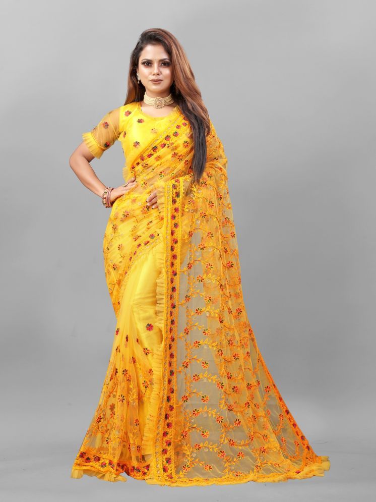     			Lady Shopi Net Embellished Saree With Blouse Piece - Yellow ( Pack of 1 )