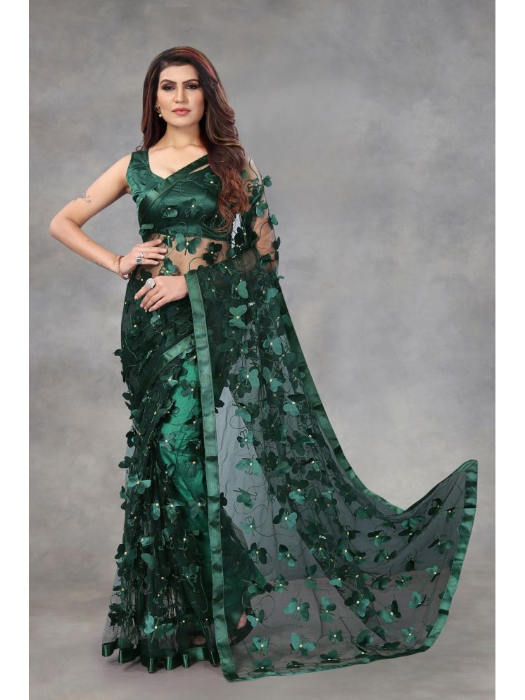     			Lady Shopi Net Embellished Saree With Blouse Piece - Green ( Pack of 1 )