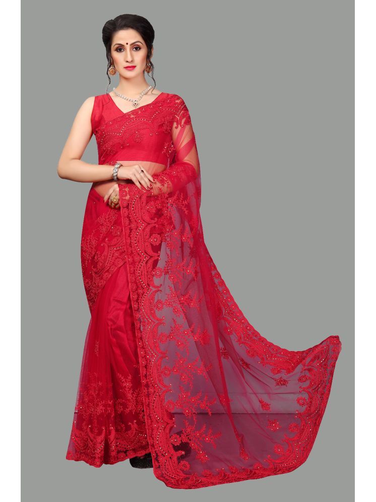     			Lady Shopi Net Embroidered Saree With Blouse Piece - Red ( Pack of 1 )