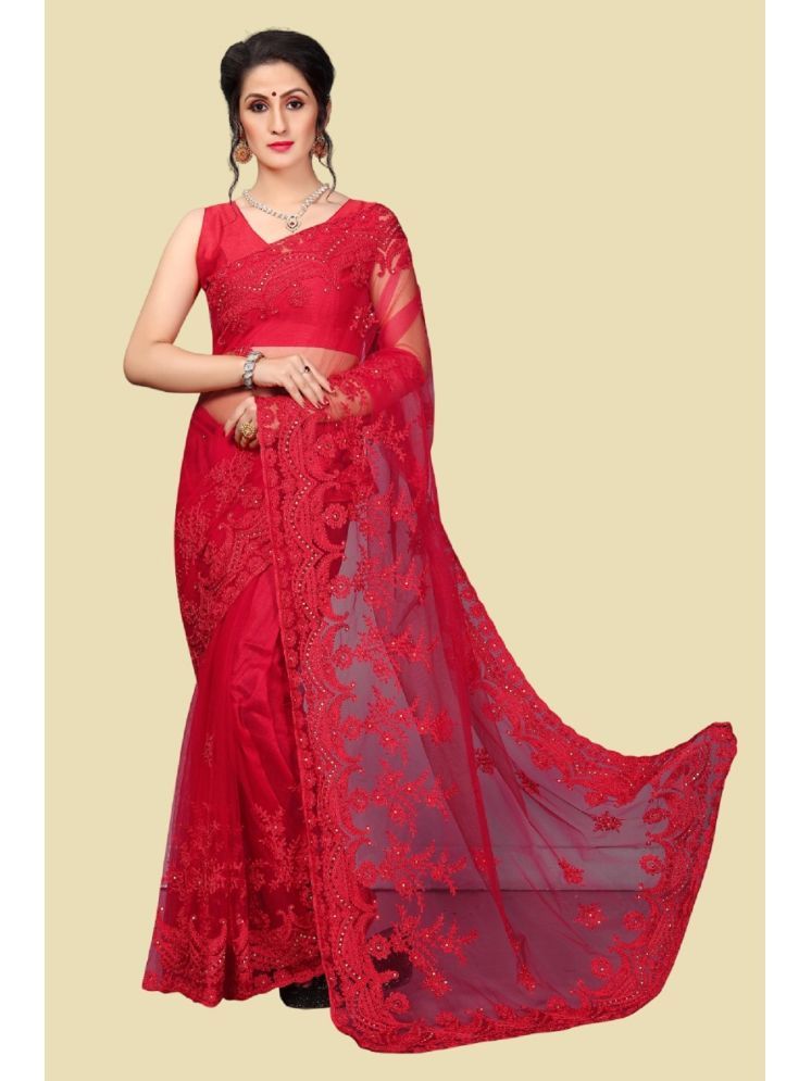     			Lady Shopi Net Embroidered Saree With Blouse Piece - Red ( Pack of 1 )