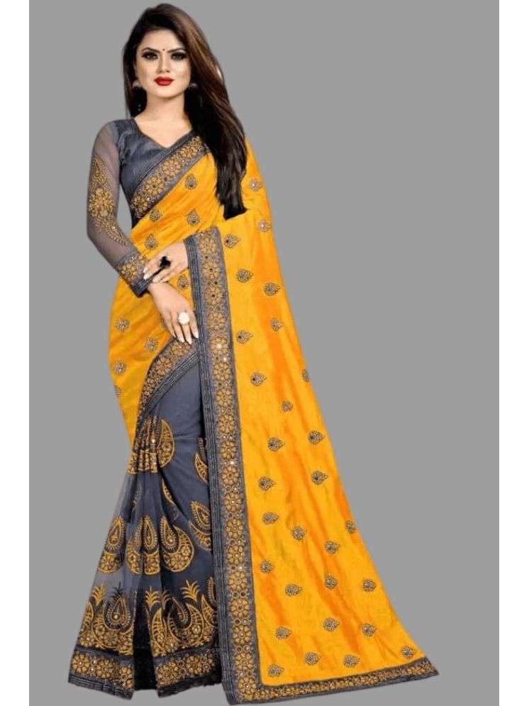     			Lady Shopi Silk Embellished Saree With Blouse Piece - Yellow ( Pack of 1 )