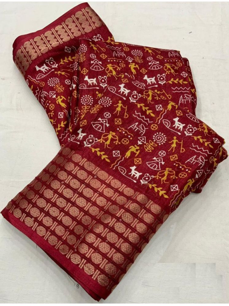     			Lady Shopi Silk Printed Saree With Blouse Piece - Maroon ( Pack of 1 )