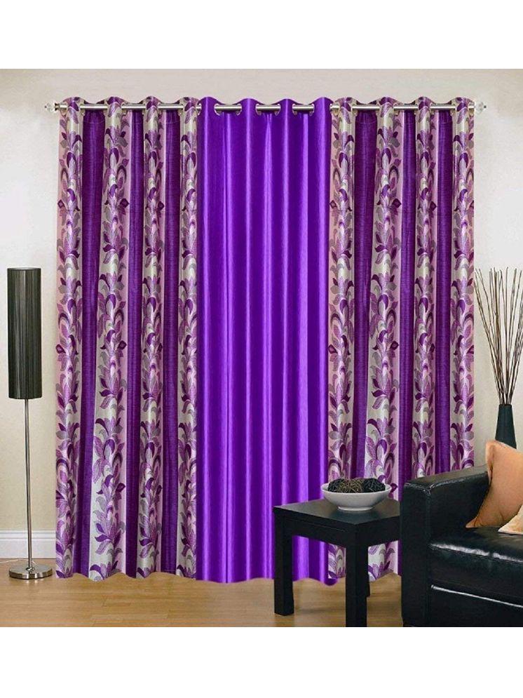     			THE LAILA Floral Semi-Transparent Ring Rod Curtain 5 ft ( Pack of 3 ) - Purple