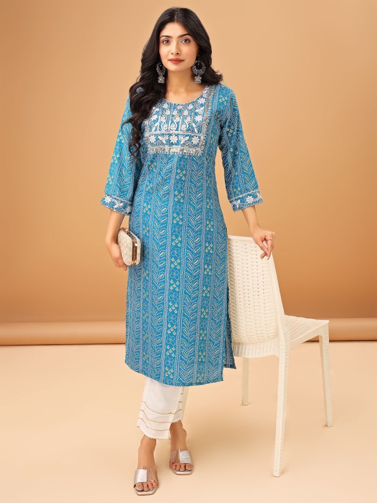     			TRAHIMAM Cotton Blend Printed Kurti With Pants Women's Stitched Salwar Suit - Light Blue ( Pack of 1 )