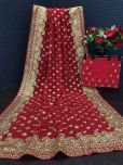 A.G.M.G FASHION Georgette Embroidered Saree With Blouse Piece - Red ( Pack of 1 )