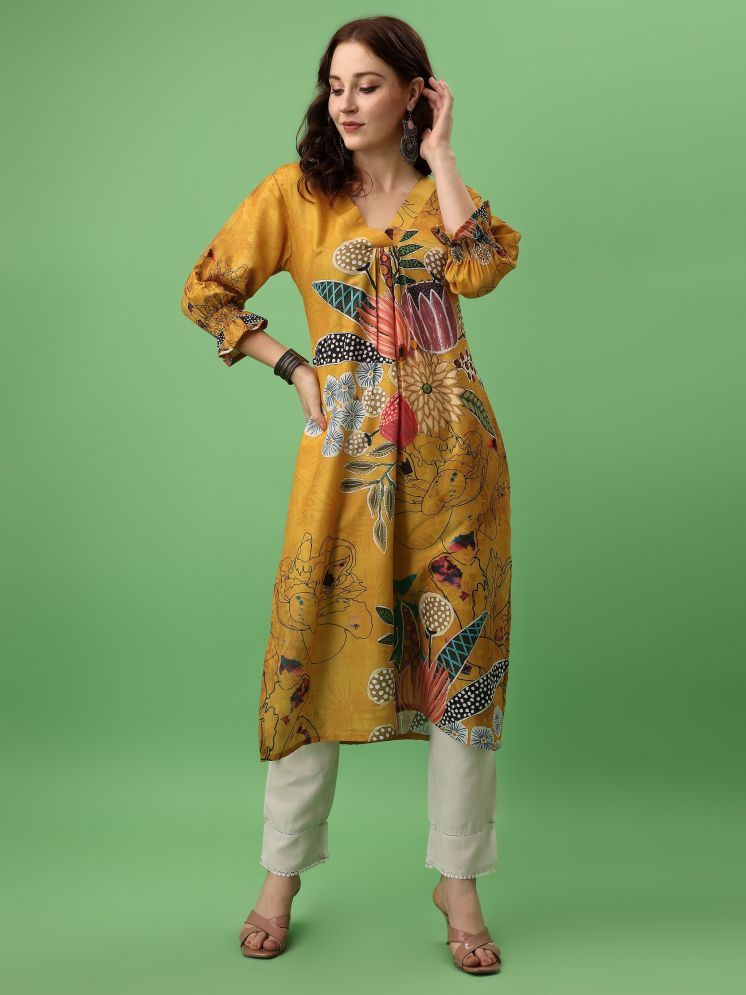     			Amarasha Silk Blend Printed Straight Women's Kurti - Mustard ( Pack of 1 )