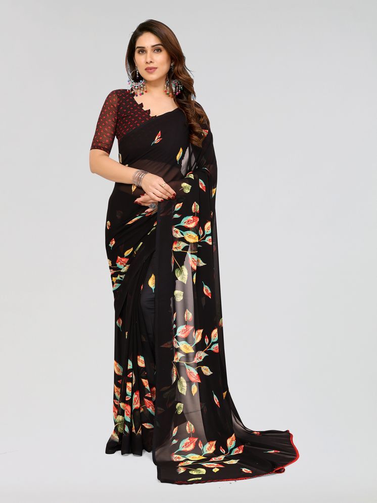     			Kashvi Sarees Georgette Printed Saree With Blouse Piece - Black ( Pack of 1 )