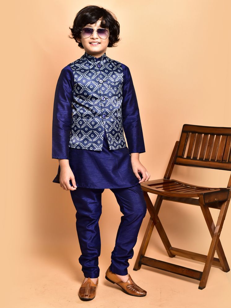     			PRINTCULTR Navy Blue Silk Boys Kurta Sets ( Pack of 1 )