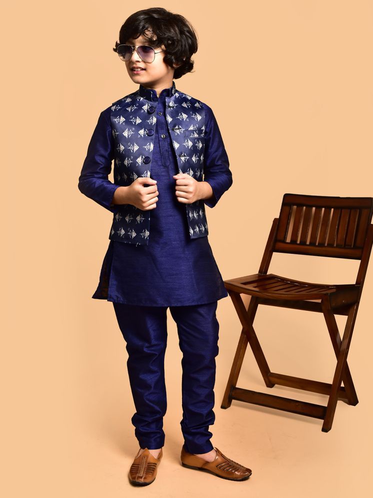     			PRINTCULTR Navy Blue Silk Boys Kurta Sets ( Pack of 1 )