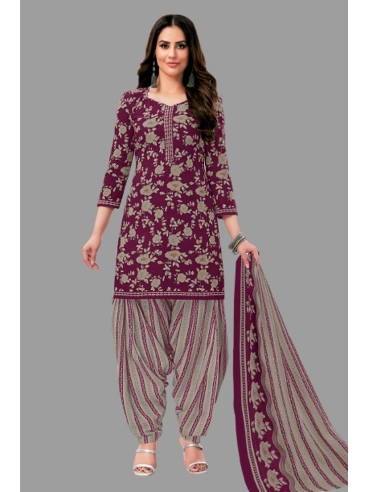     			SIMMU Cotton Printed Kurti With Patiala Women's Stitched Salwar Suit - Maroon ( Pack of 1 )