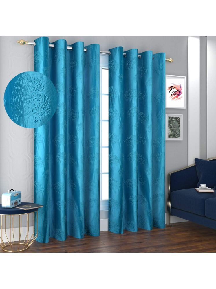     			THE LAILA Floral Semi-Transparent Ring Rod Curtain 5 ft ( Pack of 2 ) - Blue