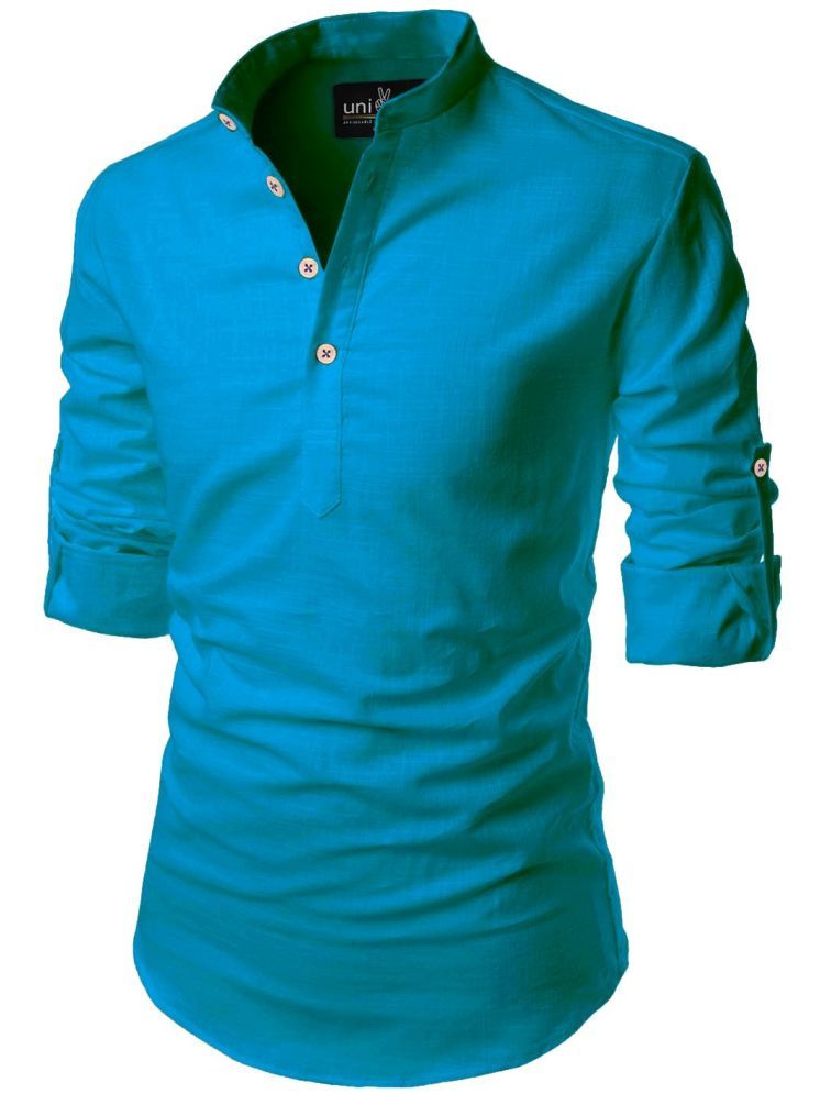     			UNI VIBE Turquoise Cotton Blend Men's Shirt Style Kurta ( Pack of 1 )