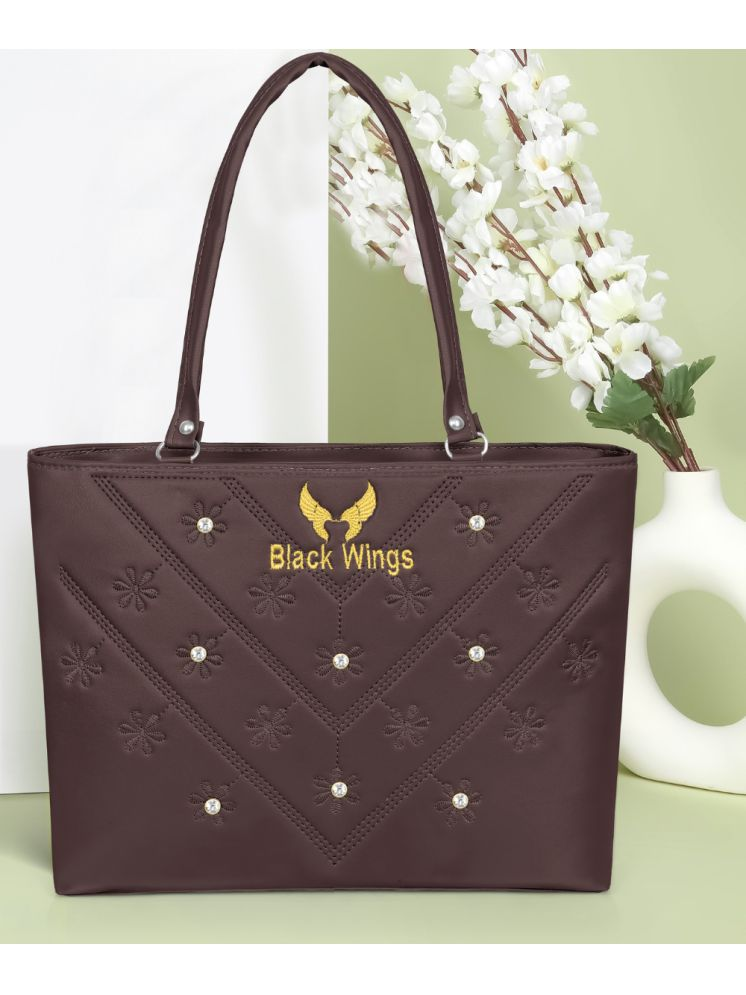     			Black Wiings Brown PU Tote Bag