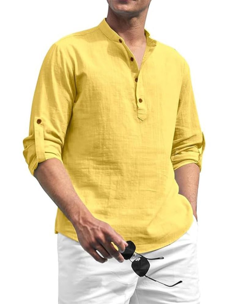     			TrendiVastra Yellow Cotton Blend Men's Shirt Style Kurta ( Pack of 1 )