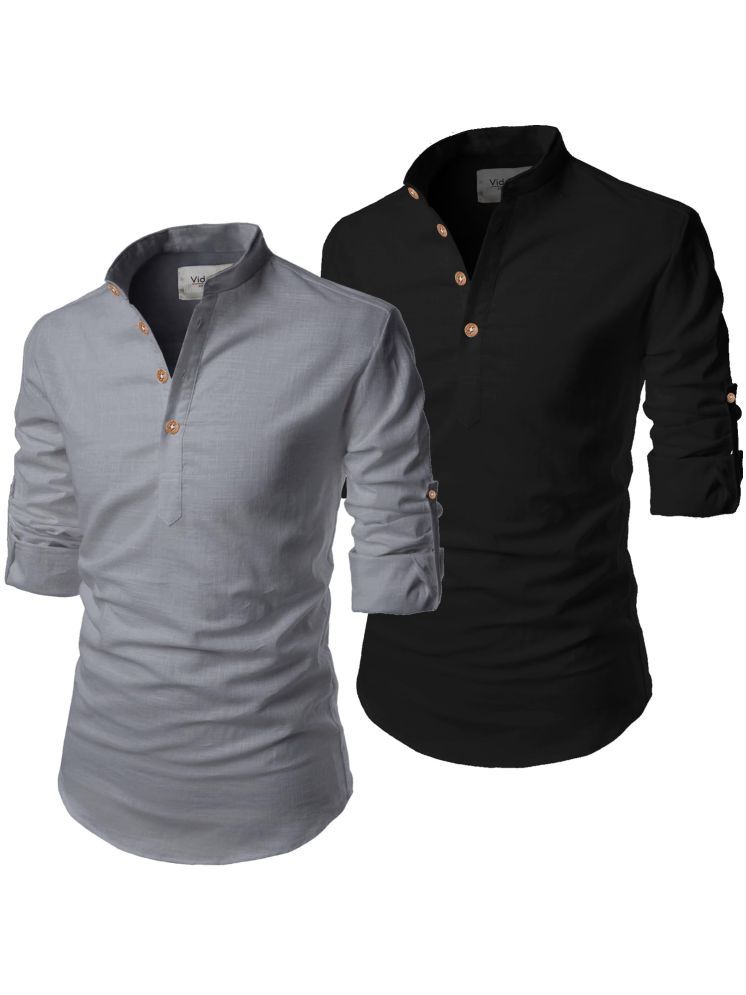     			UNI VIBE Grey Melange Cotton Blend Men's Shirt Style Kurta ( Pack of 2 )