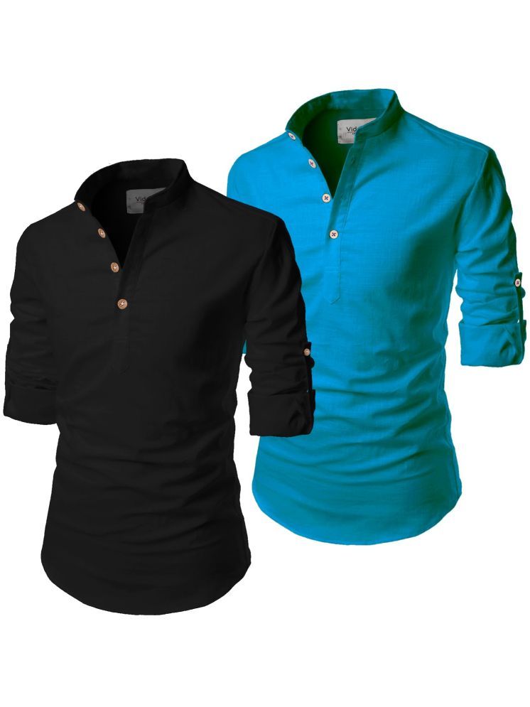     			UNI VIBE Turquoise Cotton Blend Men's Shirt Style Kurta ( Pack of 2 )