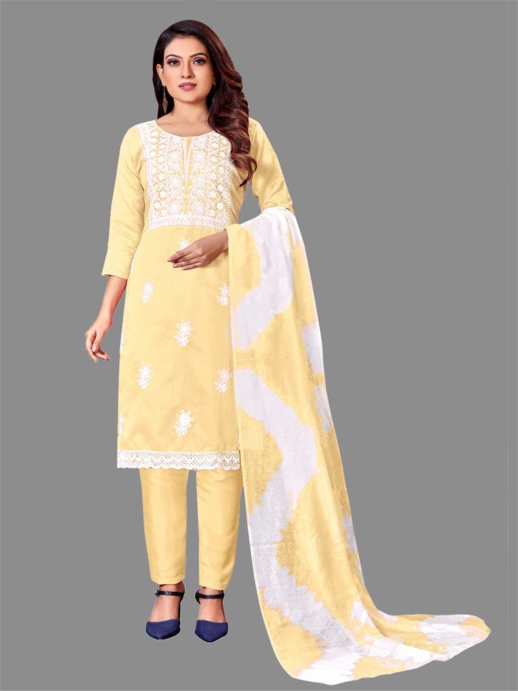     			Lady Shopi Unstitched Silk Embroidered Dress Material - Yellow ( Pack of 1 )