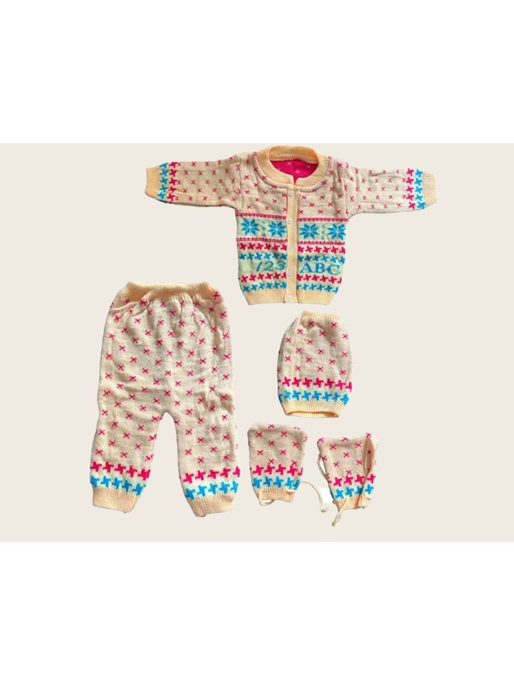     			Baby Boys & Baby Girls Woollen Full Sleeves Round Neck Sweater, Top, Bottom, Cap & Booties Set.