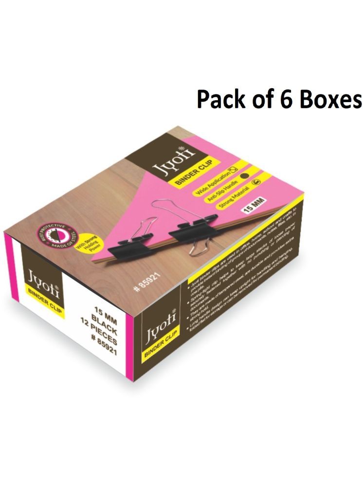     			Jyoti Binder Clip Paper Holding Capacity Files Organized & Secure for Office, School, Institutions # 85921 (12 Pieces of Size 15mm of Black Color in a Paper Box), Capacity 90 Pages - Pack of 6 Boxes