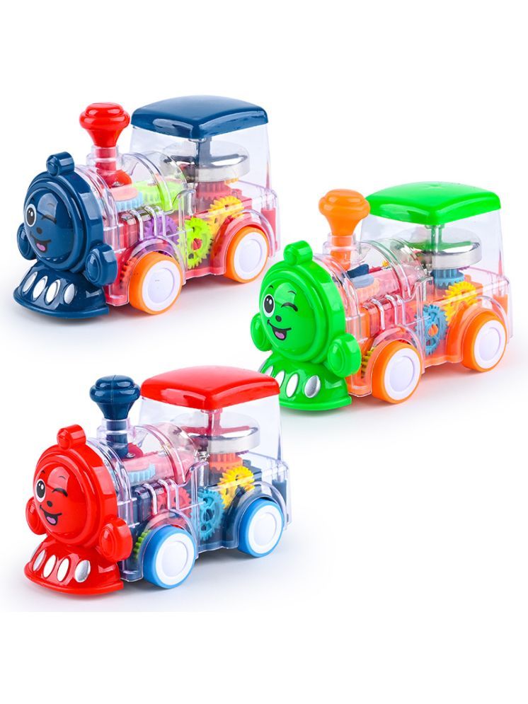     			PANSHUB Push and Go Transparent Gear Train Engine Toy with 3D Flashing Lights, Battery Operated Smiley face Toy for Kids - Color As Per Stock