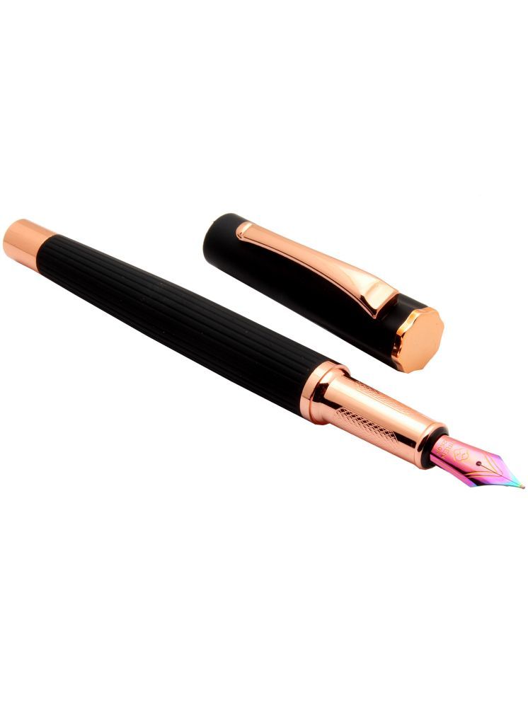     			Yiren 3979 Black Velvet Rubber Finish Metal Body Fountain Pen Rainbow Colored Fine Nib & Rose Gold Trims