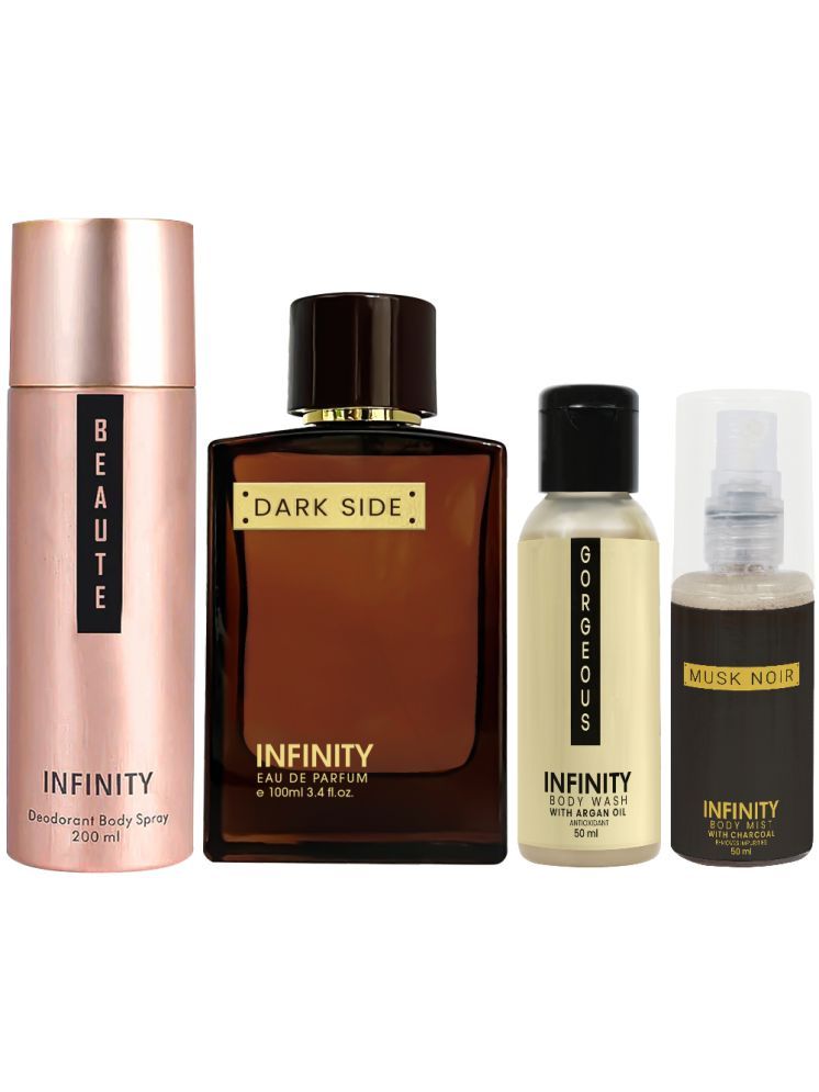     			Infinity Dark Side Perfume, Beaute Deodorant, Gorgeous Body Wash & Musk Noir Body Mist Travel Friendly Pack of 4