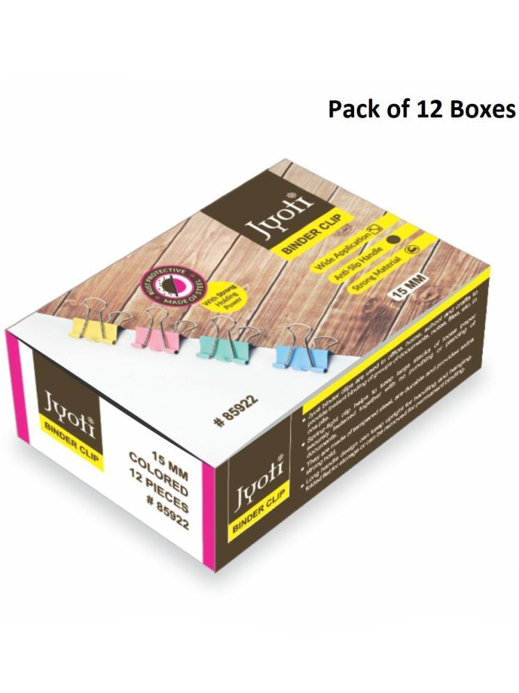     			Jyoti Binder Clip Paper Holding Capacity Files Organized & Secure for Office, School, Institutions # 85922 (12 Pieces of Size 15mm of Multicolor in a Paper Box), Capacity 90 Pages - Pack of 12 Boxes