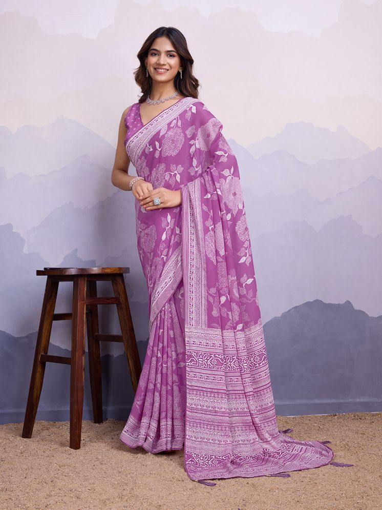     			Rekha Maniyar Georgette Printed Saree With Blouse Piece - Purple ( Pack of 1 )