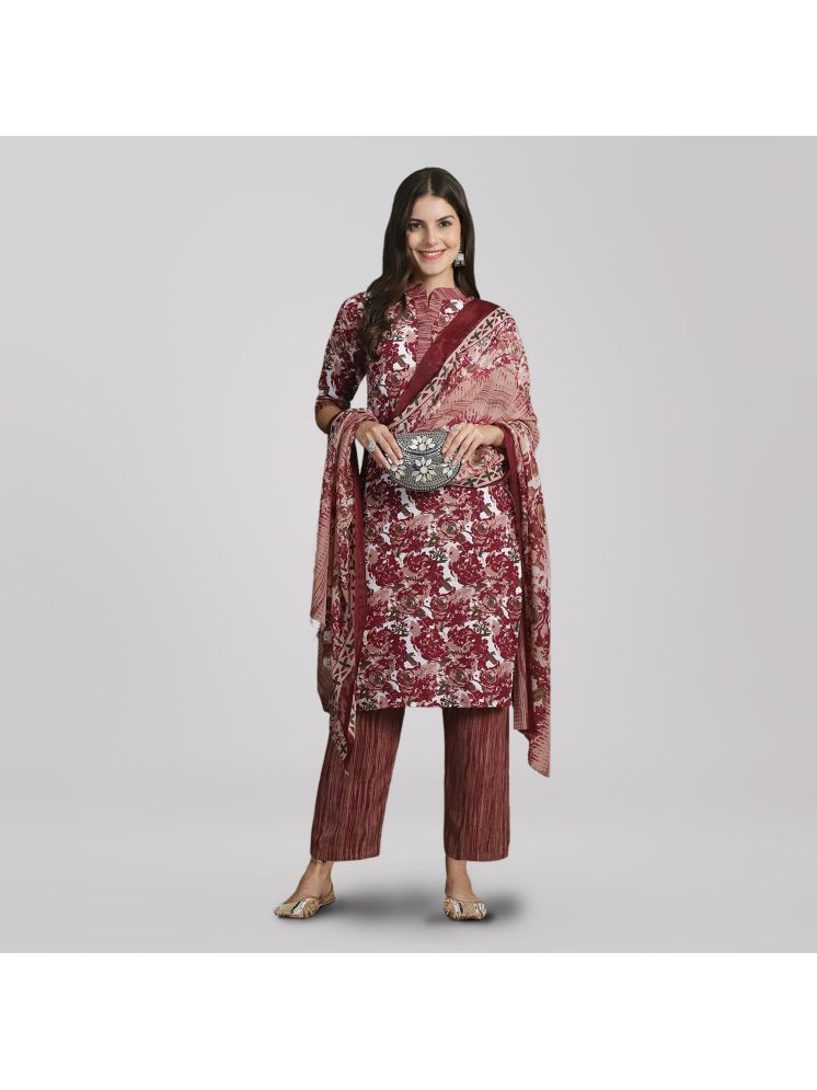     			1 Stop Fashion Cotton Printed Kurti With Pants Women's Stitched Salwar Suit - Maroon ( Pack of 1 )