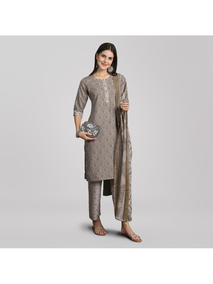     			Ethnic Basket Cotton Printed Kurti With Pants Women's Stitched Salwar Suit - Grey ( Pack of 1 )