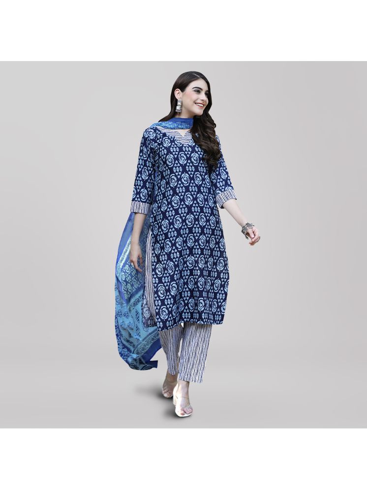     			Ethnic Basket Cotton Printed Kurti With Pants Women's Stitched Salwar Suit - Navy Blue ( Pack of 1 )