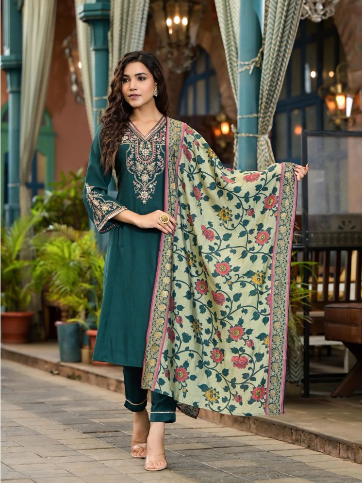     			Juniper Viscose Embroidered Kurti With Pants Women's Stitched Salwar Suit - Green ( Pack of 1 )