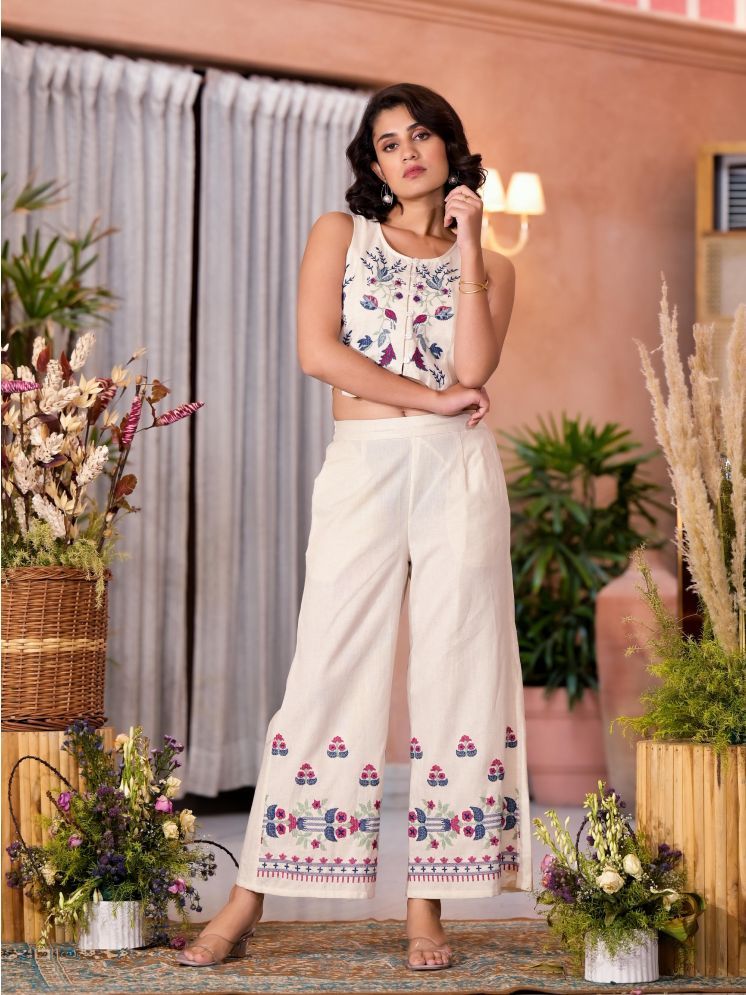     			Juniper White Embroidered Pant Top Set